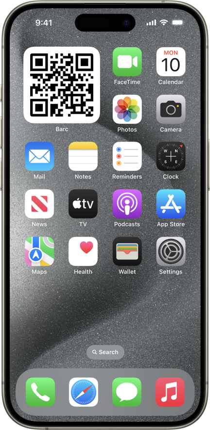 A screenshot of the iOS home screen, on a phone. It contains a Barc widget, displaying a QR code.