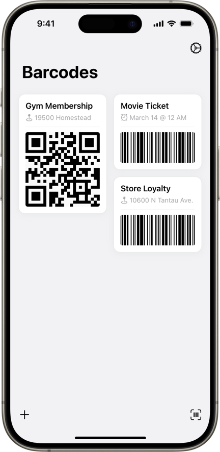 A screenshot of the Barc iOS app, running on a phone. It shows several barcodes in a list.