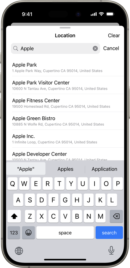 A screenshot of the Barc iOS app, running on a phone. It shows a search for Apple, and a list of locations matching that search.