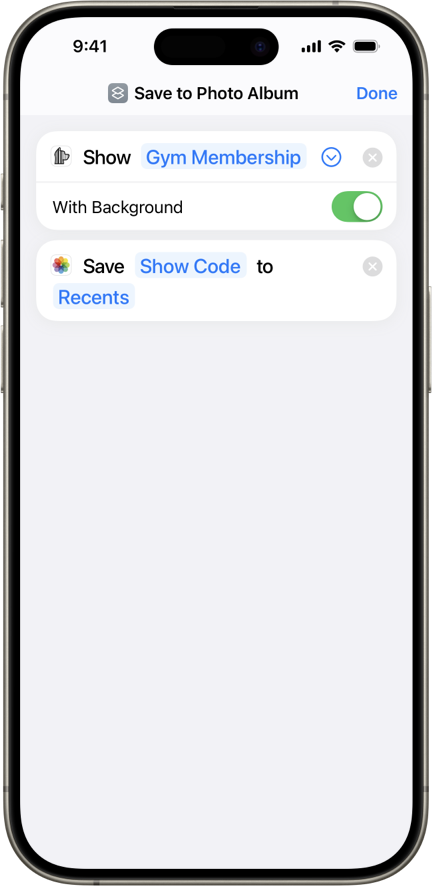 A screenshot of the Shortcuts iOS app, running on a phone. It shows a workflow where a barcode is saved to the photo album.