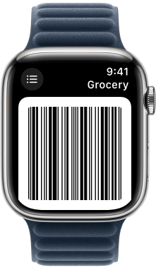 An Apple Watch showing a screenshot of the Barc Apple Watch app. It shows a barcode.